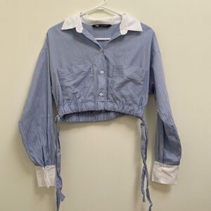 Zara 💯 Cotton Light Blue Pinstripe Shirt with White Collar